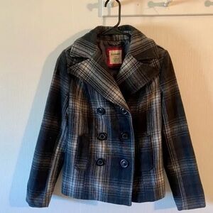 Old Navy Women's Plaid Pea Coat in Black and Gray